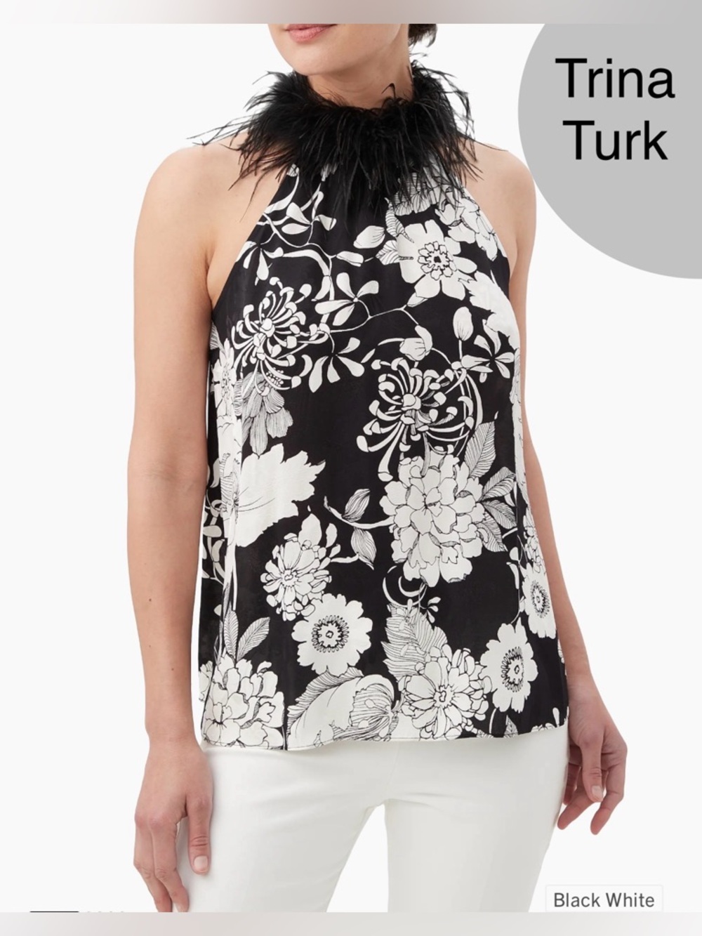 NWT Trina Turk Grand Feather-Embellished Top, 
Black & White, Large